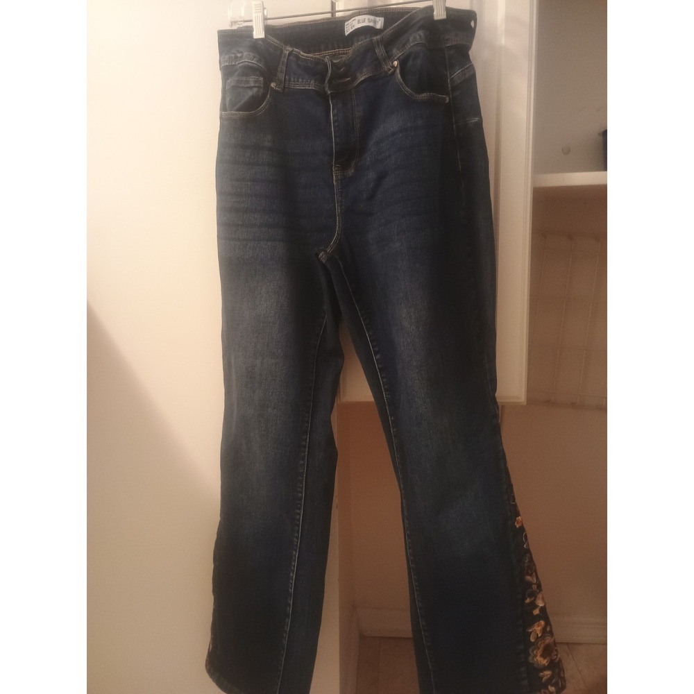 Women's Blue Savy Size 16 Embroidery Boot Cut Dark Wash Stretch Denim Jeans